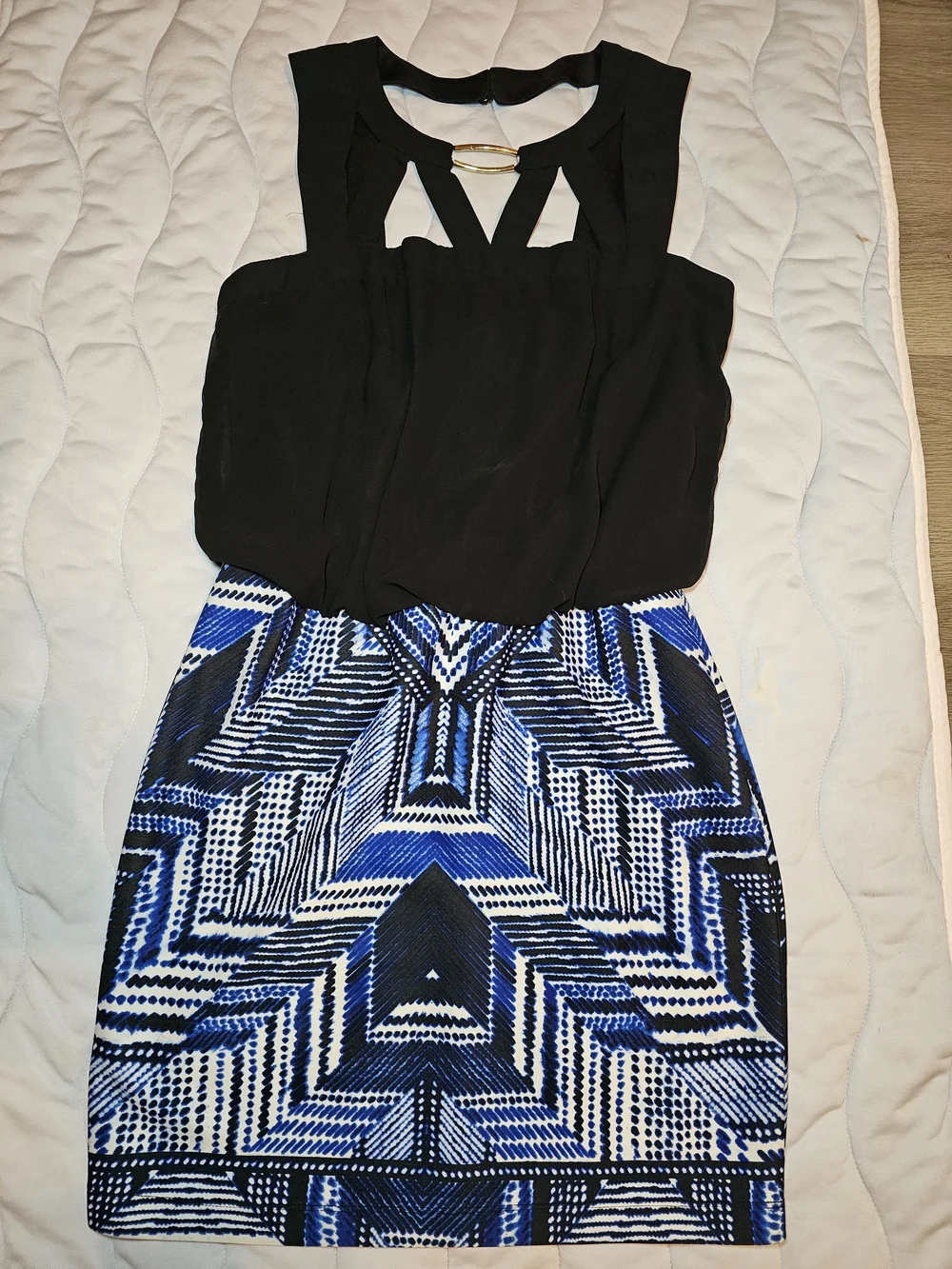 Black Sleeveless Top with Blue Geometric Print Skirt Dress